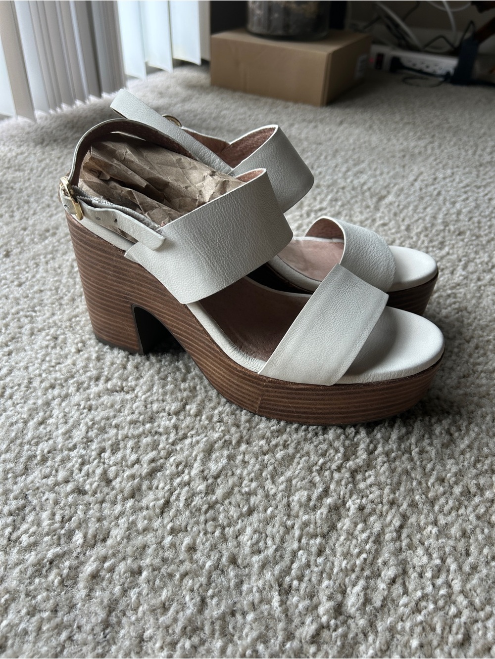 Anthropologie Seychelles White Leather Platform Block Heel, Size 8